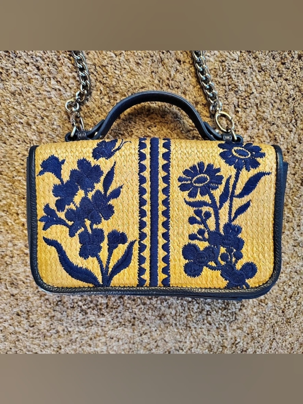 Brighton Blossom Hill Garden Roxy Straw Blue Leather Baguette Crossbody Handbag